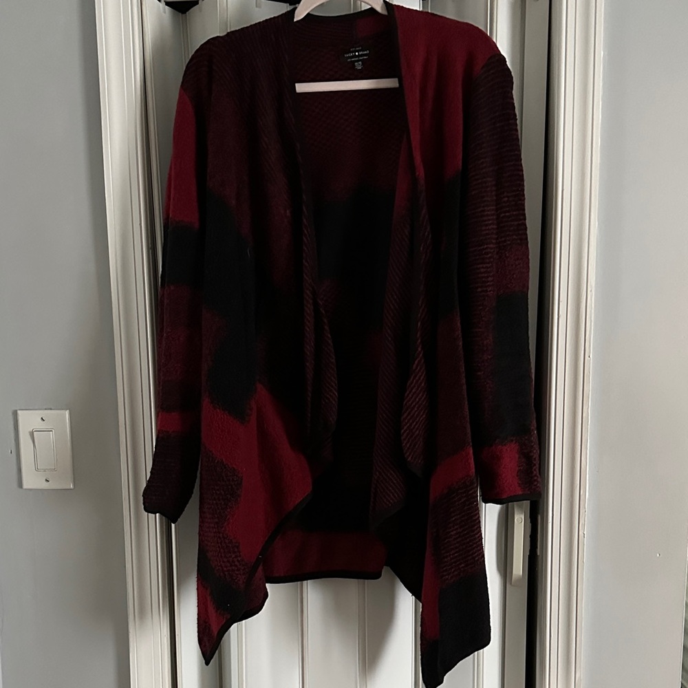 Women's Open-Front Red and Black Draped Cardigan Sweater
